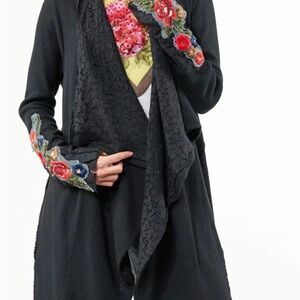 Aratta Black Cardigan with Floral Embroidery shawl